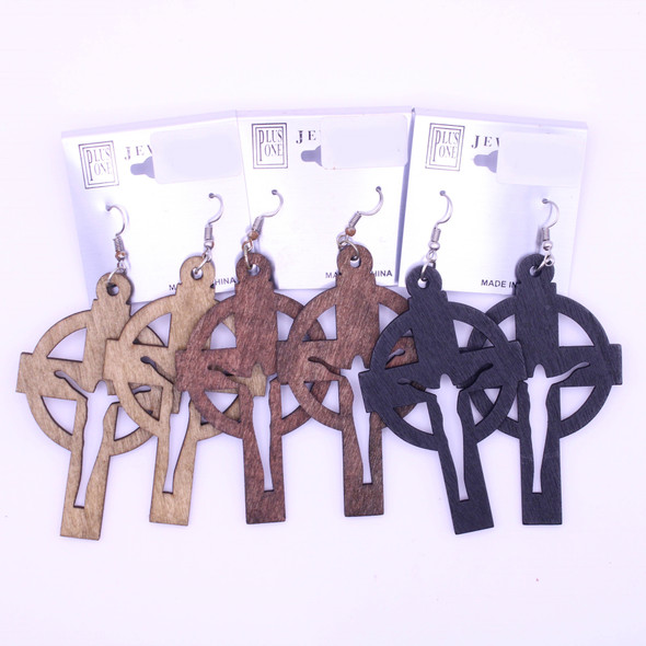 3" Jesus On The Cross Wood Earring Natural Colors .62 each pair