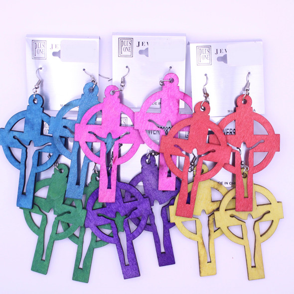 3" Jesus On The Cross Wood Earring Bright Colors .62 each pair