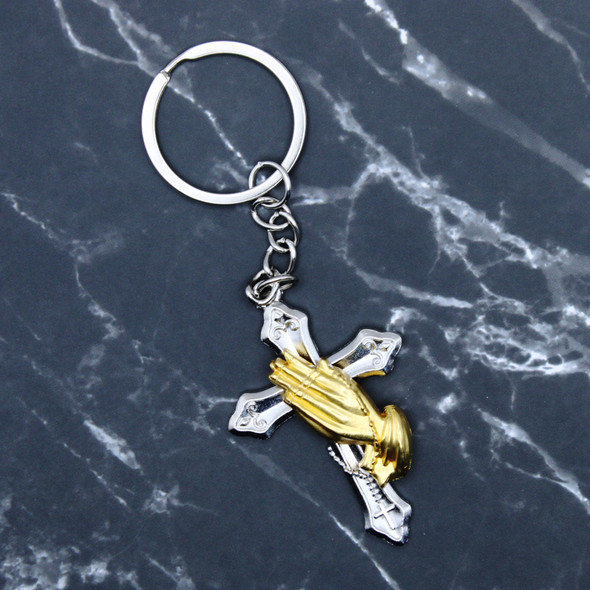 2" Silver Cross w/ Golden Praying Hands Keychain .64 Each