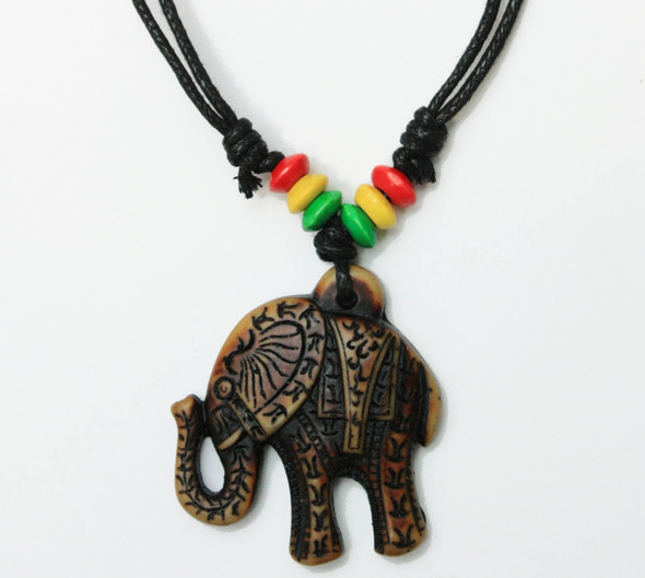 18" DBL Leather Cord Necklace w/ Elephant Pendant & Rasta Color Beads .62 each