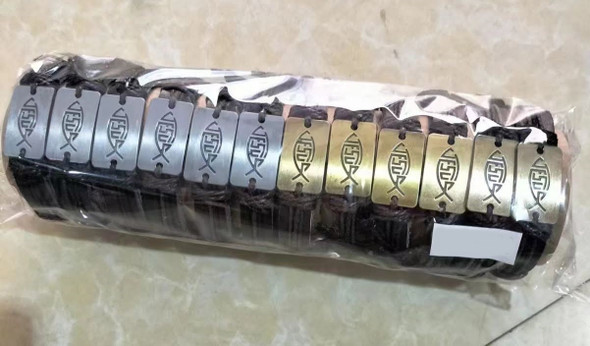 Teen Leather Bracelet Metal Jesus Fish Blk/Brown .60 each
