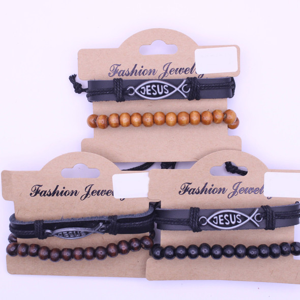 Value Pack 2 Pk Jesus Fish Leather Bracelet & Wood Beaded Bracelet .70 each set