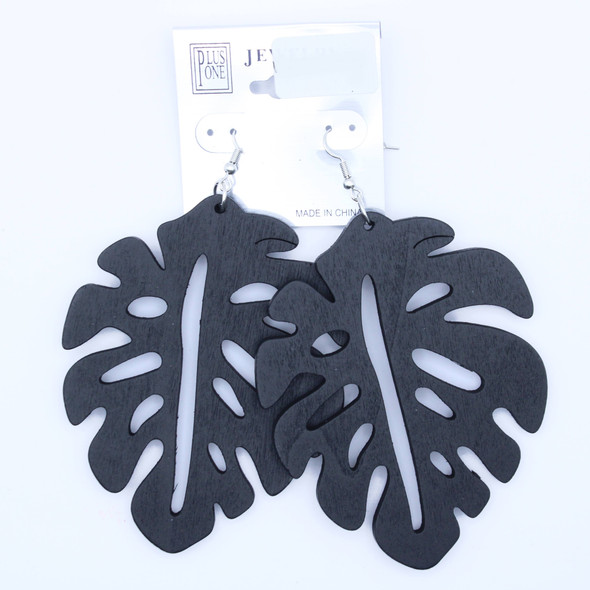3.5" Tropical Leaf Cutout Wood Earring Natural Colors .62 Per Pair