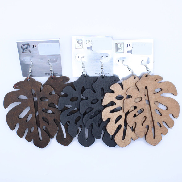 3.5" Tropical Leaf Cutout Wood Earring Natural Colors .62 Per Pair