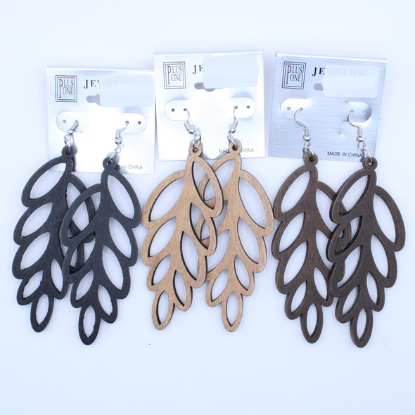 3.5" Leaf Cutout Wood Earring Natural Colors  .62 Per Pair