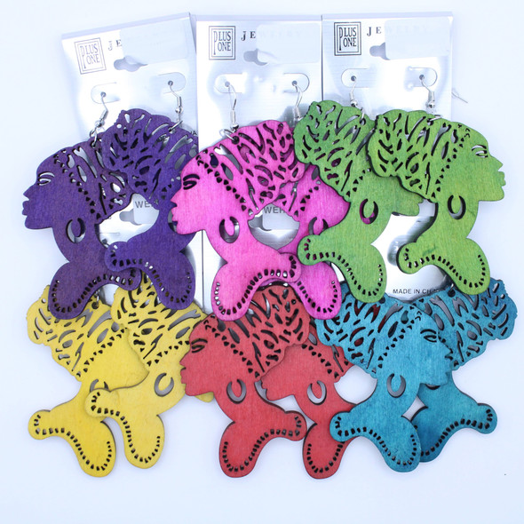 3.5" Woman w/ Turban Wood Earring Bright Colors .62 Per Pair