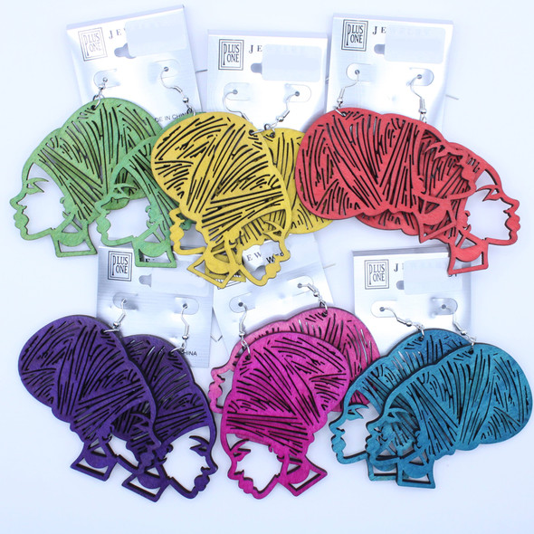 3.5" Woman w/ Turban Wood Earring Bright Colors (9610) .62 Per Pair