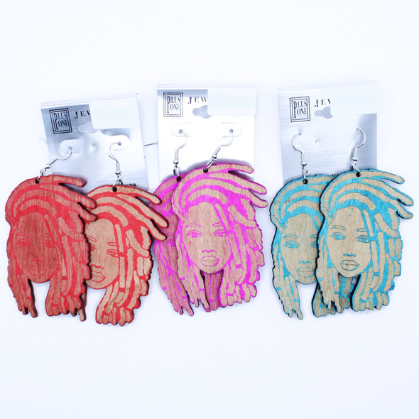 3.5" Woman w/ Dreadlocks Wood Earring Bright Colors .62 Per Pair