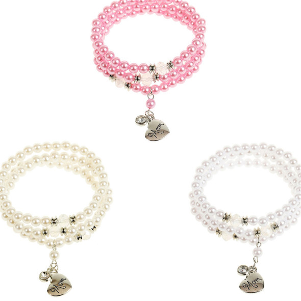 JUST for MOM 3 Strand Pearl Stretch Bracelets w/ MOM Heart Charm .62 ea