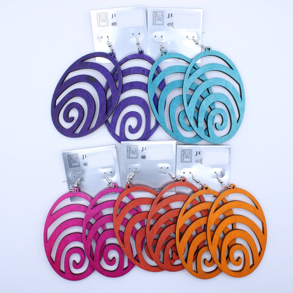 3.5" Wooden Spiral Cut-Out Earrings Bright Colors .62 per pair