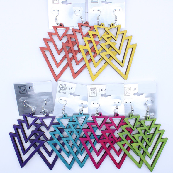 3" Geometric Layered Triangle Wooden Cut-Out Earrings Bright Colors .62 per pair