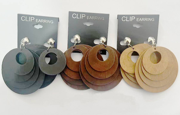 4 Layer Donut Shaped Wood Clip On Earring Natural Colors .68 each pair