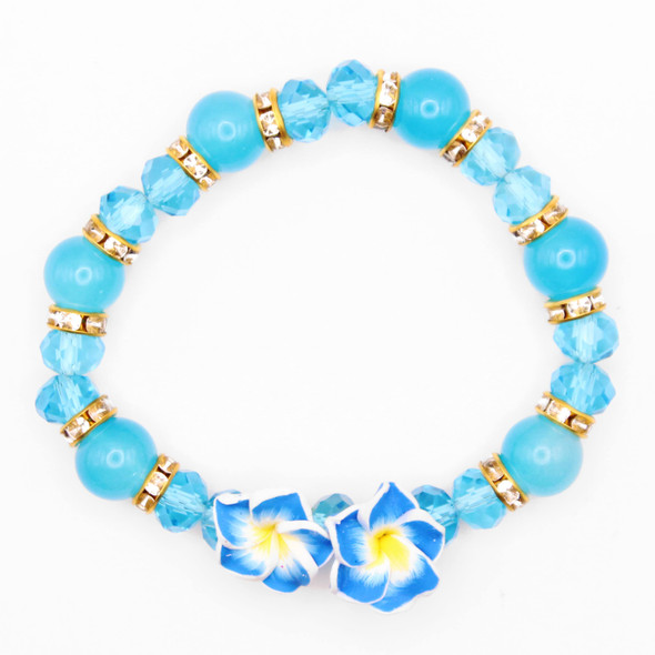 Double Plumeria Flower Pendant Crystal Bead Bracelet .68 each