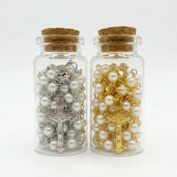 32" Pearl Bead Gold & Silver Rosary w/ Jesus Cross  in Glass Bottle .68 each 