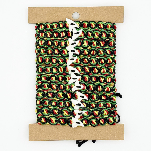 Rasta Color Adjustable Crochet Bracelet w/ Real Shark Tooth 12 Pc per card (024-2) .81 ea
