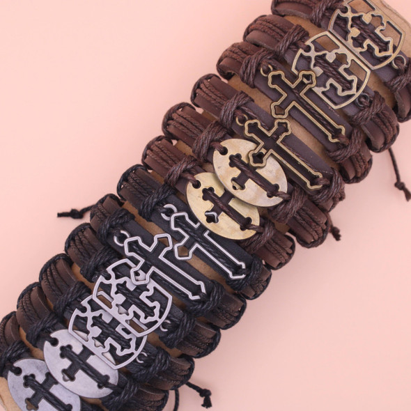 Teen Leather Bracelet w/ Mixed Style Gold & Silver Crosses .68 ea