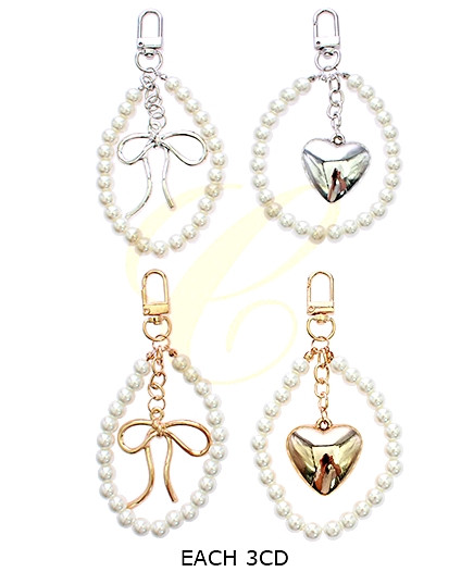 5.1" Pearl Bead Heart Keychain/ Bag Charm with Gold Silver Heart & Bow .68 each