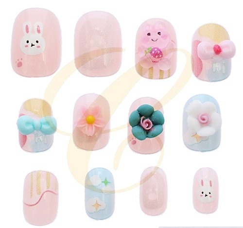 Kids Bunny & Floral Design 12 Pack Pre Glued Nails .68 each set