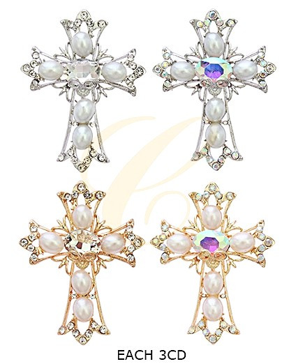 2.5" Elegant Crystal & Pearl Cross Brooch .68 each