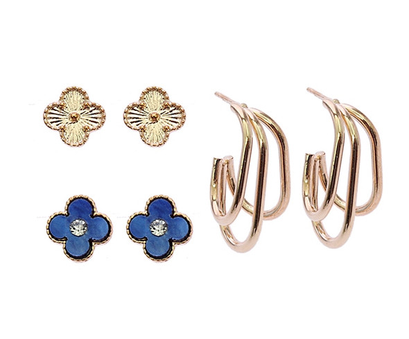 3 Pair Quatrefoil Stud & Hoop Earring Set Gold & Silver .68 each set