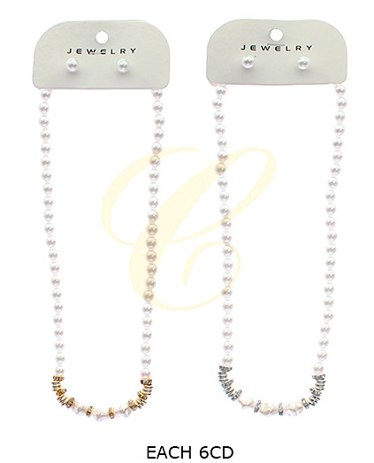 Classic Pearl Necklace & Stud Set w/ Gold & Silver Spacers .68 each set