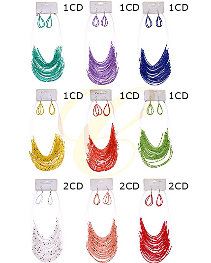 22" Multi Line Seed Bead & Gold Bead Necklace & Earring Sets 9 Colors .68 each set