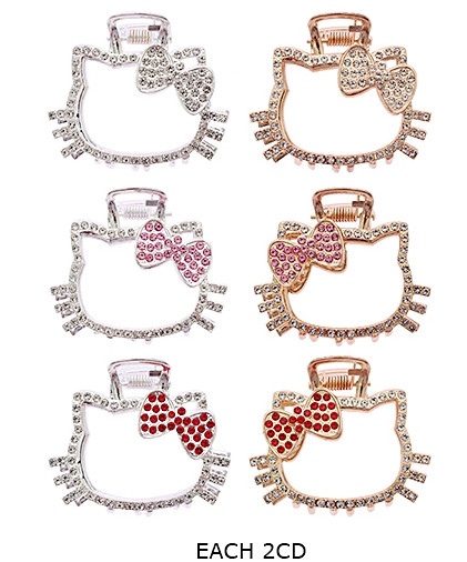 1.8" Rhinestone Cat w/ Bow Hair Claw Clip .68 each