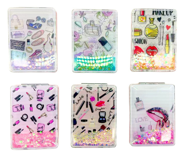 Makeup Theme Double Sided Square Compact Mirror w/ Sequin $1.75 Each