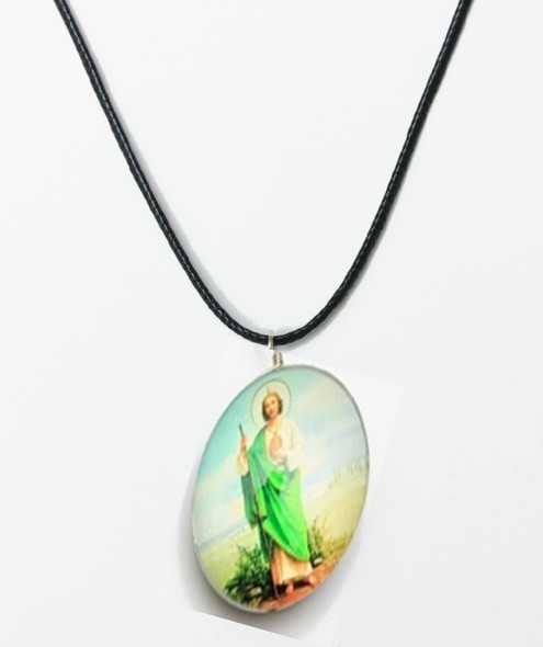 18" Leather Cord Necklace w/ Dbl Sided Glass Saint Jude Pendant .68 ea