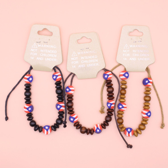 Puerto Rico Flag Fimo Pendant w/ Wood Bead Cord Bracelet .68 each