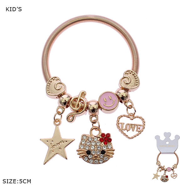 Kids Gold & Silver Cat & Love Charm Spring Style Bracelet .68 each