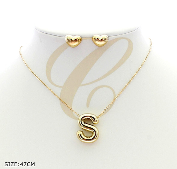 18.5" Gold Initial Necklace & Heart Stud Set .68 each set