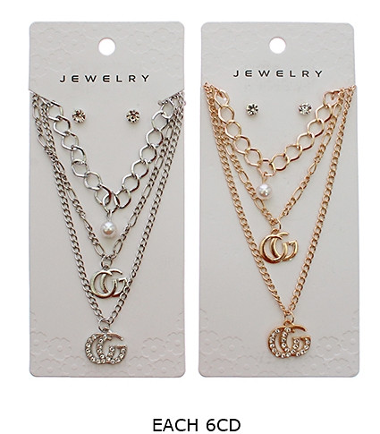 Layered Chain Necklace Set with Pendants & Pearl Drop Choker .68 each set