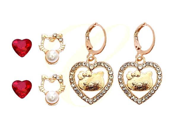 3 Pair Cat Heart Stud & Rhinestone Heart Drop Earring Set .68 each set