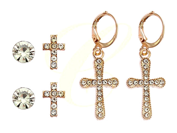3 Pair Rhinestone Cross Stud & Drop Earring Set .68 each set