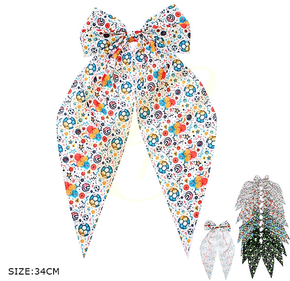 13" Soccer Print Long Tail Cheer Hair Bow (1238) .68 each
