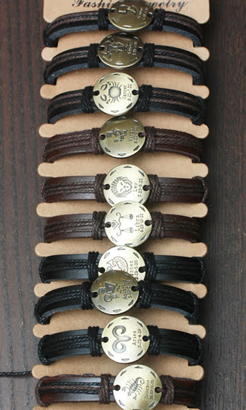 Teen Leather Brown/Blk Bracelet w/ Rd. Gold Zodiacs .68 each
