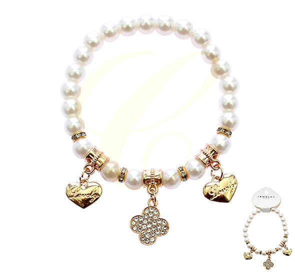 Pearl Stretch Bracelet with Rhinestone Quatrefoil & Heart Charms .68 each