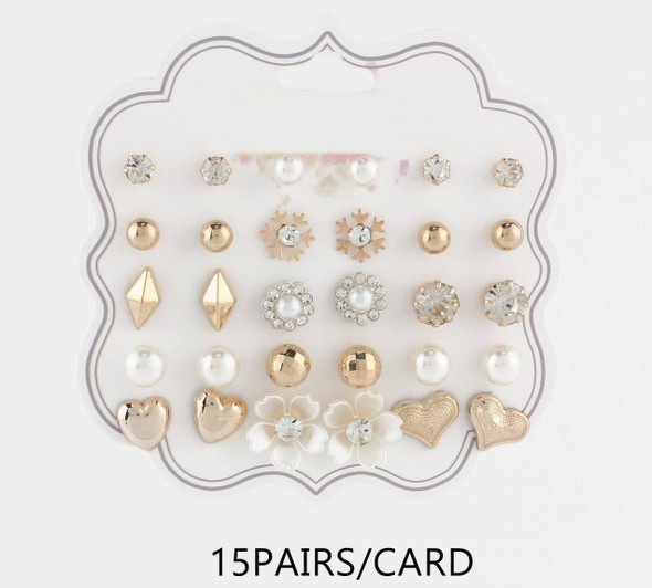 15 Pair Stud Earring Set with Pearls, Hearts & Floral Designs .68 each set