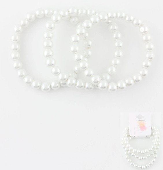 8 MM 3 Pc Classic White Pearl Stretch Bracelet Set .68 each set