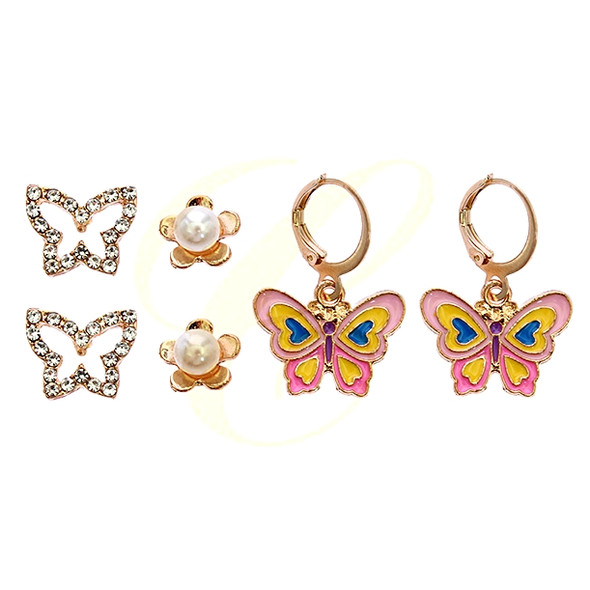 3 Pair Butterfly Stud & Dangle Earrings Set with Pearls and Rhinestones .68 each set
