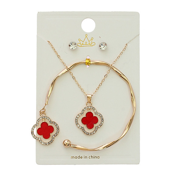 3 Pc Gold & Silver Quatrefoil Jewelry Set – Necklace, Bracelet & Earrings (865) .72 each set