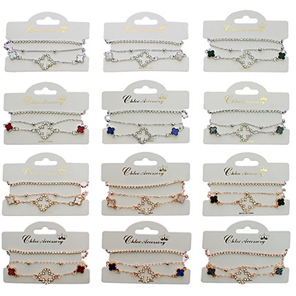 Triple Line Gold & Silver Chain Bracelets w/ Quatrefoil Charm (2247) .68 each