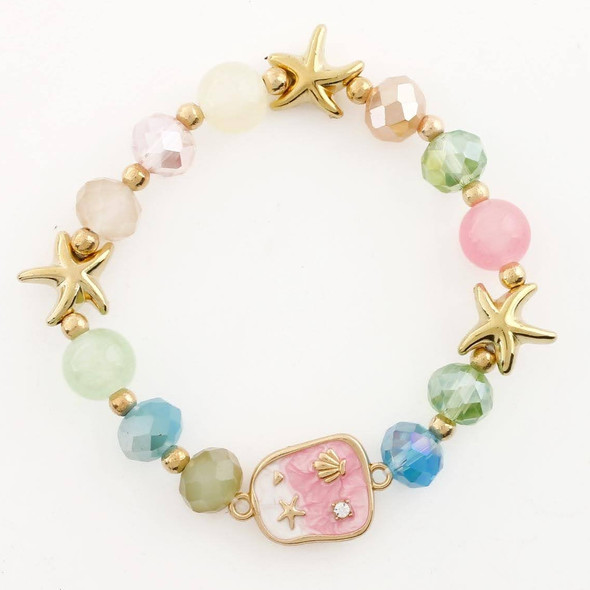 Pastel Crystal Beaded Bracelet with Starfish Accents & Seashell Charm .68 each