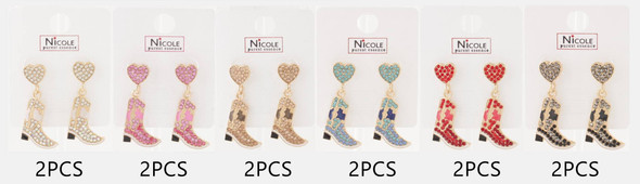1.6" Rhinestone Cowgirl Boot Drop Earrings with Heart Stud .68 each pair