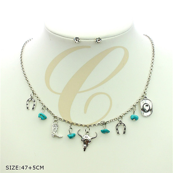 Western Turquoise Charm Necklace Set with Horseshoe & Longhorn Accents .68 each