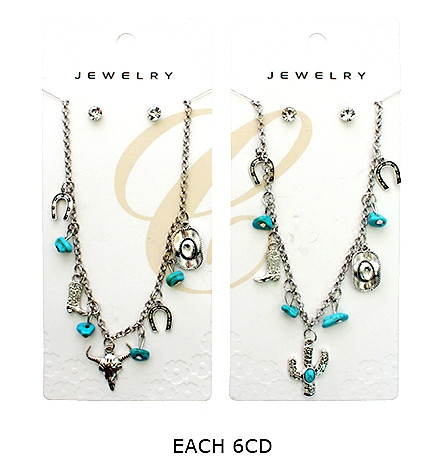 Western Turquoise Charm Necklace Set with Horseshoe & Longhorn Accents .68 each