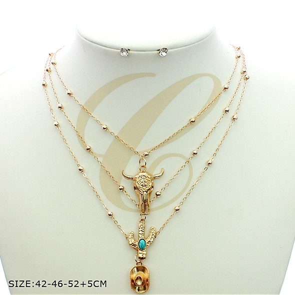 Layered Western Necklace Set with Longhorn, Cactus & Cowboy Hat Charms .68 each set