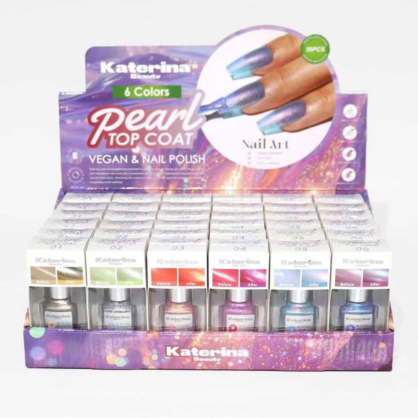 Pearl Top Coat Vegan Nail Polish 6 Colors 36 pcs per display box  $1.00 each