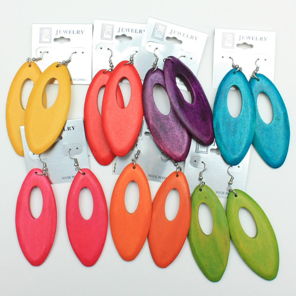 3" Wood Oval Fashion Earring Asst Bright Colors .68 each pair